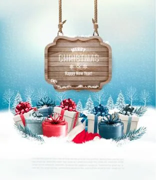 Winter background with gift boxes and a wooden ornate Merry christmas sign. V Stock Illustration