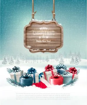 Winter background with gift boxes and a wooden ornate Merry christmas sign. V Stock Illustration