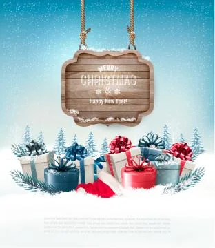 Winter background with gift boxes and a wooden ornate Merry christmas sign Stock Illustration