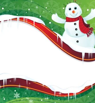 Winter background with a happy snowman in red scarf Stock Illustration