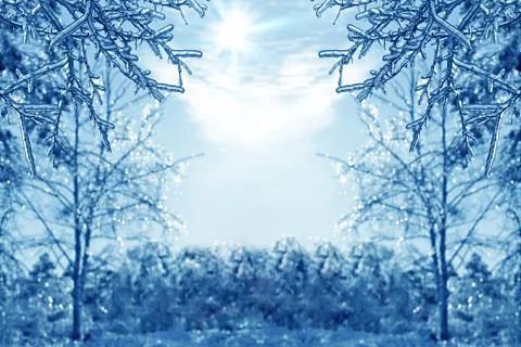 Winter background with icy branches in the foreground Stock-Fotos