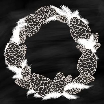 Winter background with pine cones wreath. Hand drawing with chalk on a blackb Stock Illustration