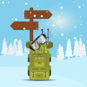 Winter background with skier backpack, goggles and wooden arrows. Stock Illustration