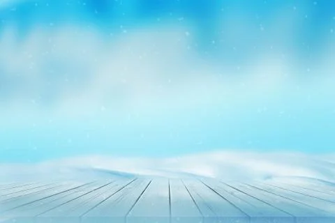 Winter background with a snow covered table. Blue background with little snow Stock Photos