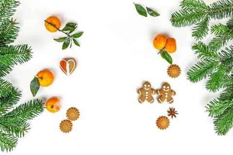 Winter background with tangerines, ginger biscuits and spruce branches on a Stock Photos