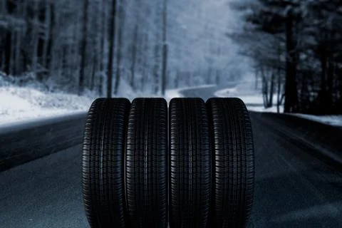 Winter background with tire, 3D Render Stock Illustration