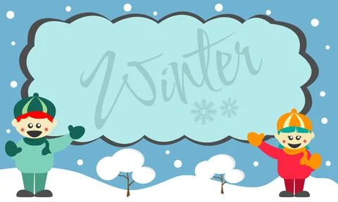 Winter background with two children and copy space area. Stock Illustration