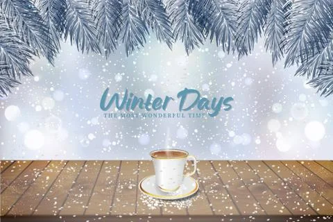 Winter background of weather snowfall with old wooden table and cup of tea. Stock Illustration