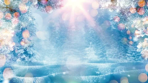 Winter background,  Winter trees with snowflakes, stars, bokeh and snow. Stock Footage 99340334