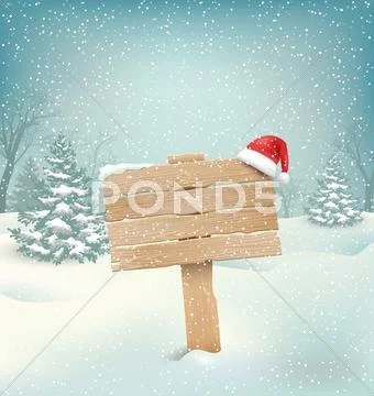 Winter Background with Wooden Signpost and Santa Hat Stock Illustration