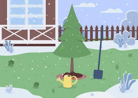 Winter backyard semi flat vector illustration Stockillustratie