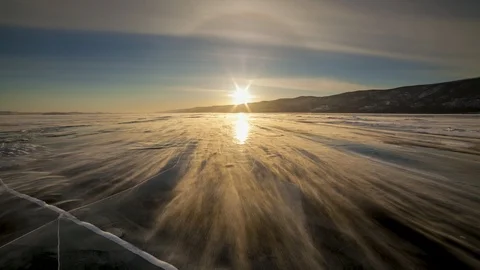 Winter Baikal. Strong wind on the ice, drifting snow. Stock Footage 89602499