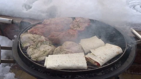Winter barbecue (BBQ) on the snow Stock Footage 108723056