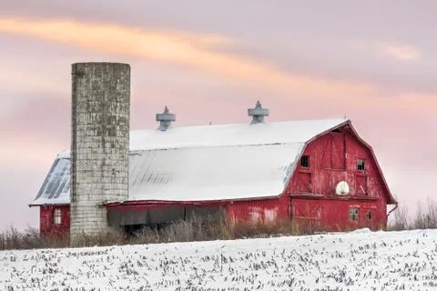 Winter Barn at Sundown Stock Photos