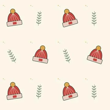 Winter beanie and pine cozy seamless pattern. Periodic seamless square tile w 스톡 일러스트