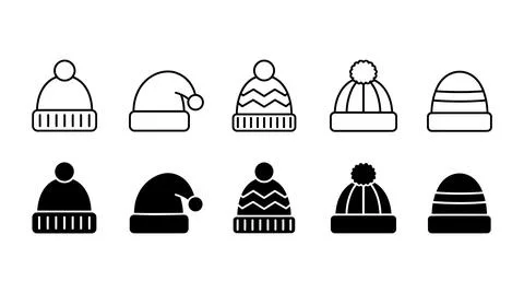 Winter Beanie Hat Icon Set with Cozy Knitted Cap Designs for Cold Weather Stock Illustration