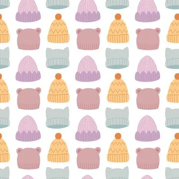 Winter beanie hat seamless pattern vector background with cute knitted caps and Stock Illustration