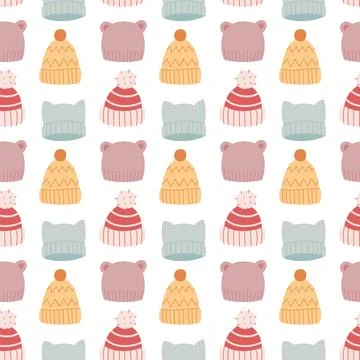 Winter beanie hat seamless pattern vector background with cute knitted caps for Stockillustratie