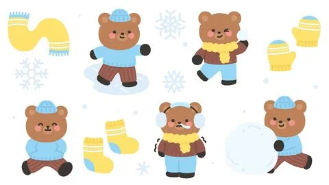 Winter Bear Character Outfit Set with Cute Poses and Cold Weather Clothing Illustrazione stock