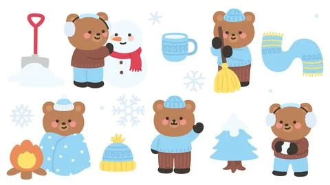 Winter Bear Characters Doing Snow Activities with Seasonal Objects Illustrazione stock
