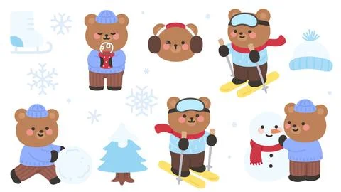 Winter Bear Characters Playing Ski and Building Snowman with Seasonal Element Illustrazione stock