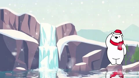 Winter Bear: A Charming Polar Bear Standing near a Waterfall with a Scarf and a Stock Footage 306825470
