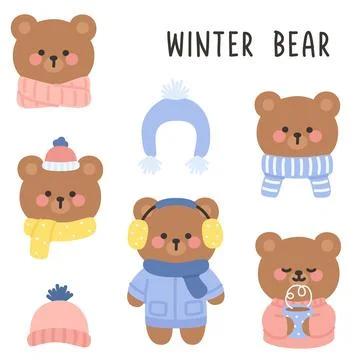 Winter Bear Doodle Sticker Sheet with Hats, Scarves, and Cute Accessories Illustrazione stock