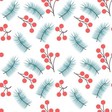 Winter berries and pine brach seamless pattern. Christmas festive background. Stock Illustration