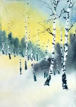 Winter birch forest at dusk Stock Illustration