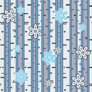 Winter birch forest with snowflakes seamless pattern. Cute pretty vector Stock Illustration