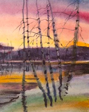 Winter birches at the river Stock Illustration