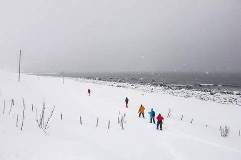 Winter in Bleik Beach, Lofoten Islands, Northern Norway Stockfoto's