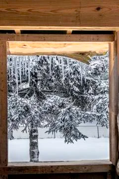 Winter blizzard view, concept of staying warm indoor. Stock Photos