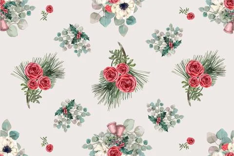 Winter bloom pattern design with anemone, rose, pine leaves watercolor illust Illustrazione stock