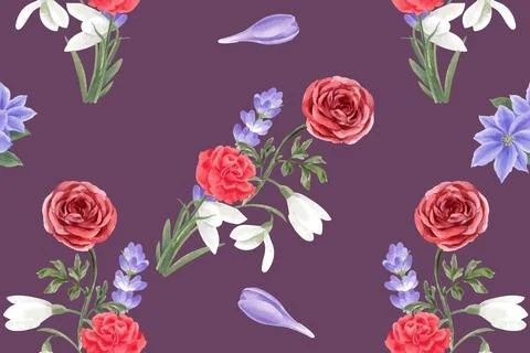 Winter bloom pattern design with rose, crocus, peony, galanthus watercolor il Stock Illustration