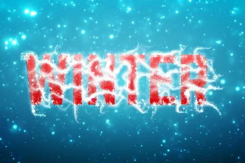 Winter blue background with snow in soft focus and text Winter with snoflakes Stock Illustration