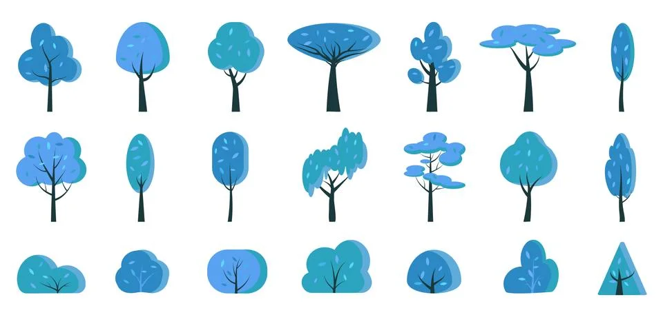 Winter blue tree bush flat cartoon icon vector set Stock Illustration