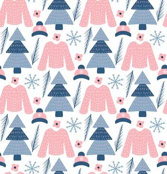 Winter boho seamless pattern in hipster style. Christmas tree repeating texture Stock Illustration