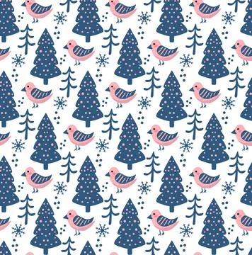 Winter boho seamless pattern in hipster style. Christmas tree repeating texture Stock Illustration