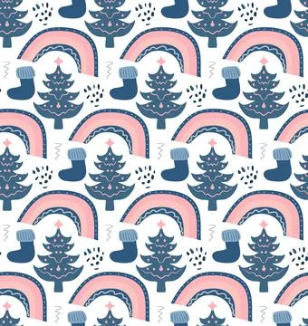 Winter boho seamless pattern in hipster style. Christmas tree repeating texture Stock Illustration
