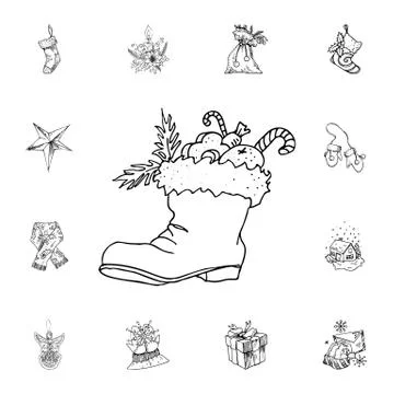 Winter boot with gifts inside vector illustration in color and outline sketch Stock Illustration