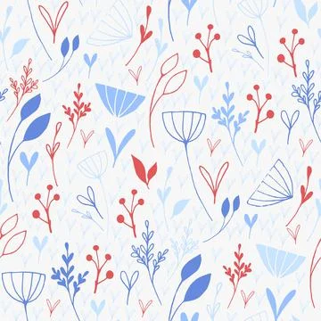 Winter botanical seamless pattern with blue and red flowers and herbs on whit Stock Illustration