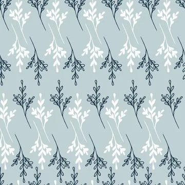 Winter botanical seamless pattern with blue and white herbal rows on light bl Stock Illustration