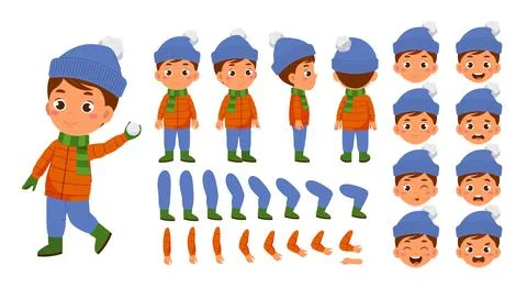 Winter boy constructor. Happy child throws snowball. Pack of legs, hands and Stock Illustration