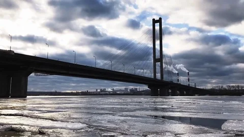 Winter bridge clouds evening timelaps. Stock Footage 85342239
