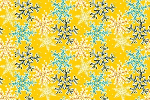 Winter bright seamless pattern. Snowflakes on a yellow background. A sketch. Illustrazione stock