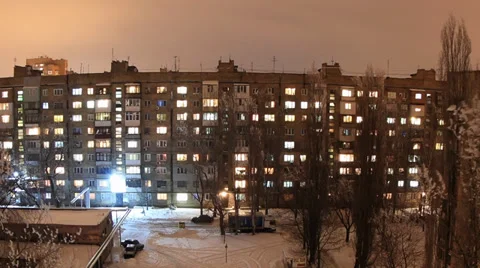 Winter. Buildings with flats at night, timelapse. Full HD Stock Footage 34943592