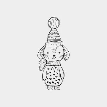 Winter Bunny Outline Vector Coloring Illustration Stock Illustration