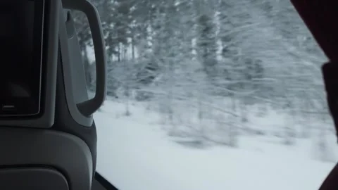 Winter Bus Window View Featuring Snowy Forest During Slow Motion Travel Scene Stock Footage 336342592