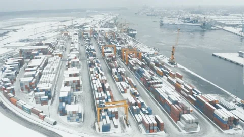 Winter busy container port loading and unloading cargo ships, aerial hyperlapse 스톡 동영상 147680973